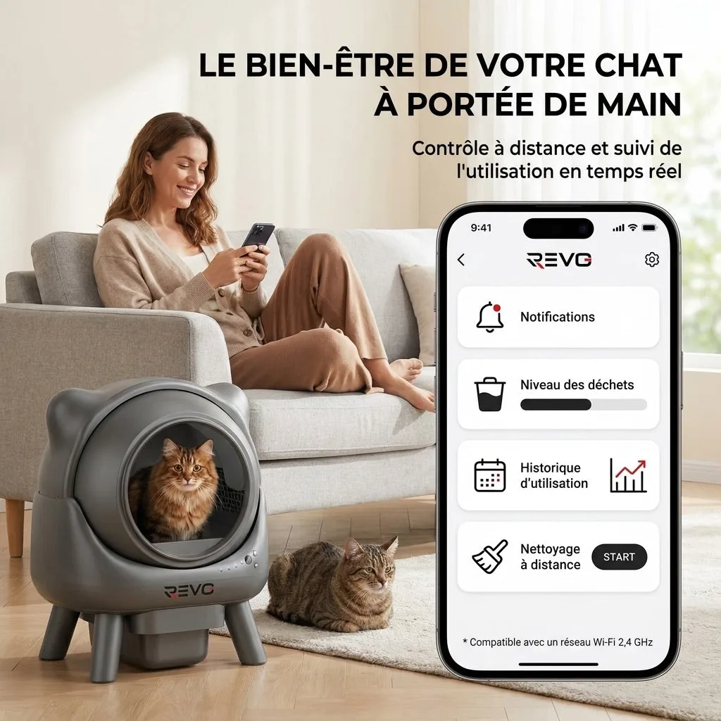 Litière Autonettoyante pour Chats REVO Nuvia 88 – Capacité 80 + 8 L – Application, Sécurité 10 Niveaux & Élimination des Odeurs - 6