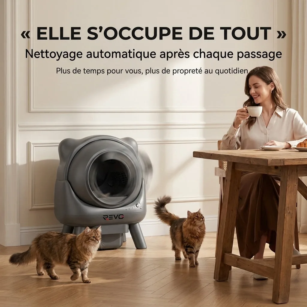 Litière Autonettoyante pour Chats REVO Nuvia 88 – Capacité 80 + 8 L – Application, Sécurité 10 Niveaux & Élimination des Odeurs - 8