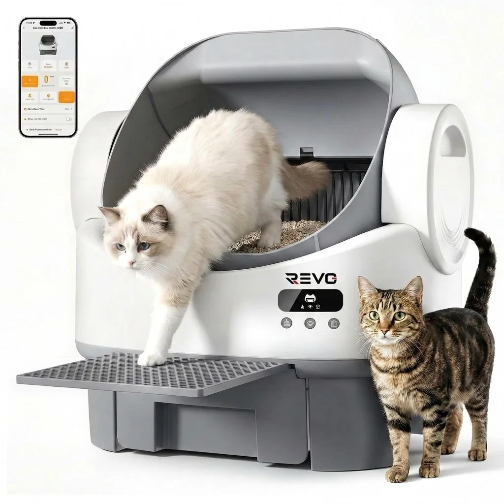 Litière Autonettoyante pour Chats REVO Selya 12 – Bac 12 L – Application – 6 Capteurs de Sécurité – Conception XXL Ouverte