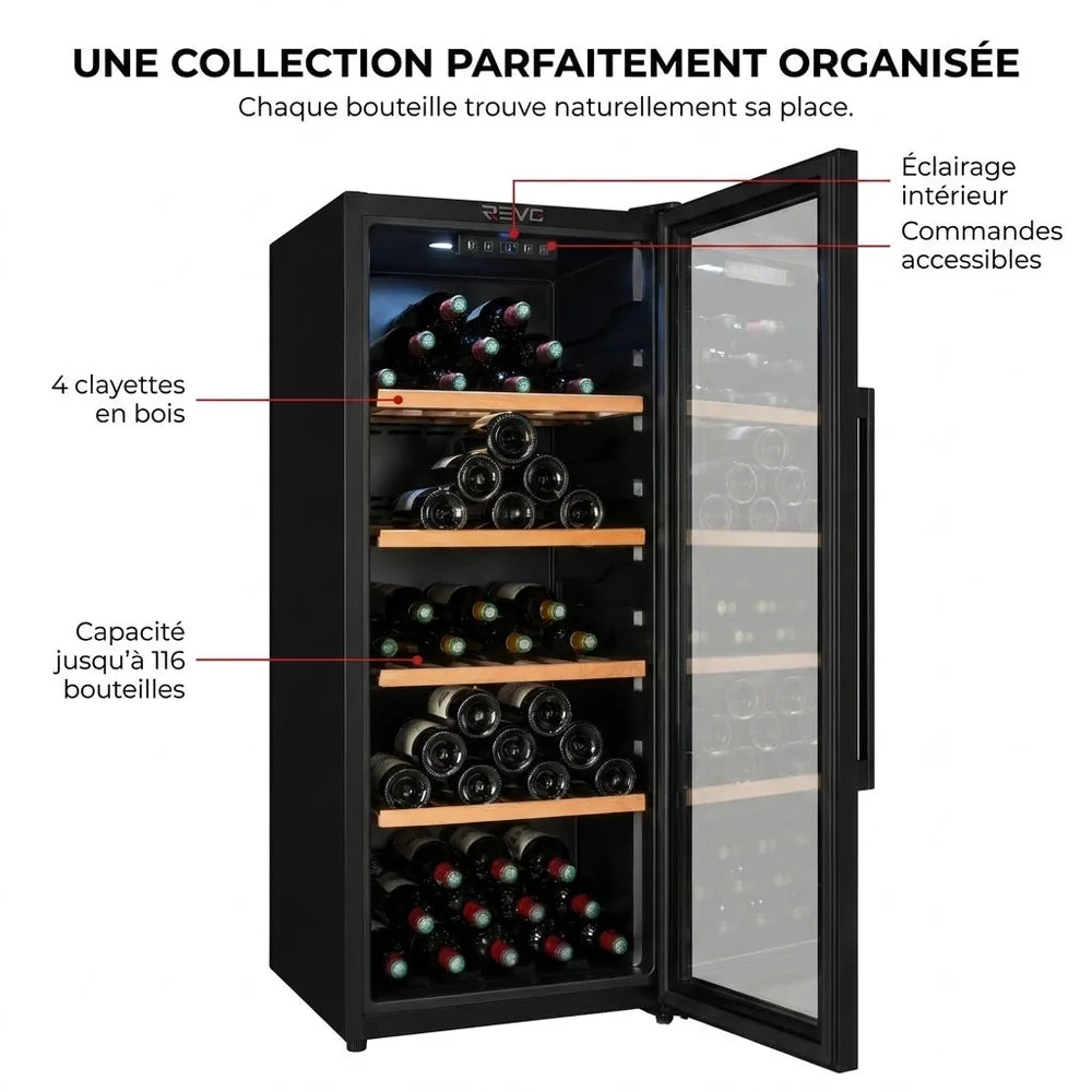 Cave à Vin de Vieillissement REVO Héritage – 116 Bouteilles – 213 L – 4 Clayettes en Bois – Température Réglable - 3