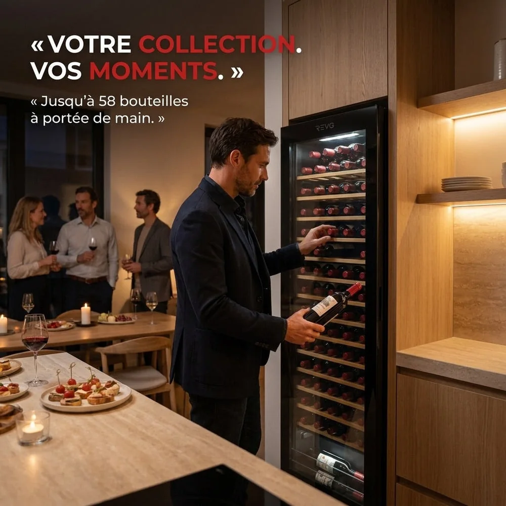 Cave à Vin REVO Cellar 58 – 58 Bouteilles – Monozone 5°C à 20°C – Verre Anti-UV – 37 dB – Wi-Fi - 3