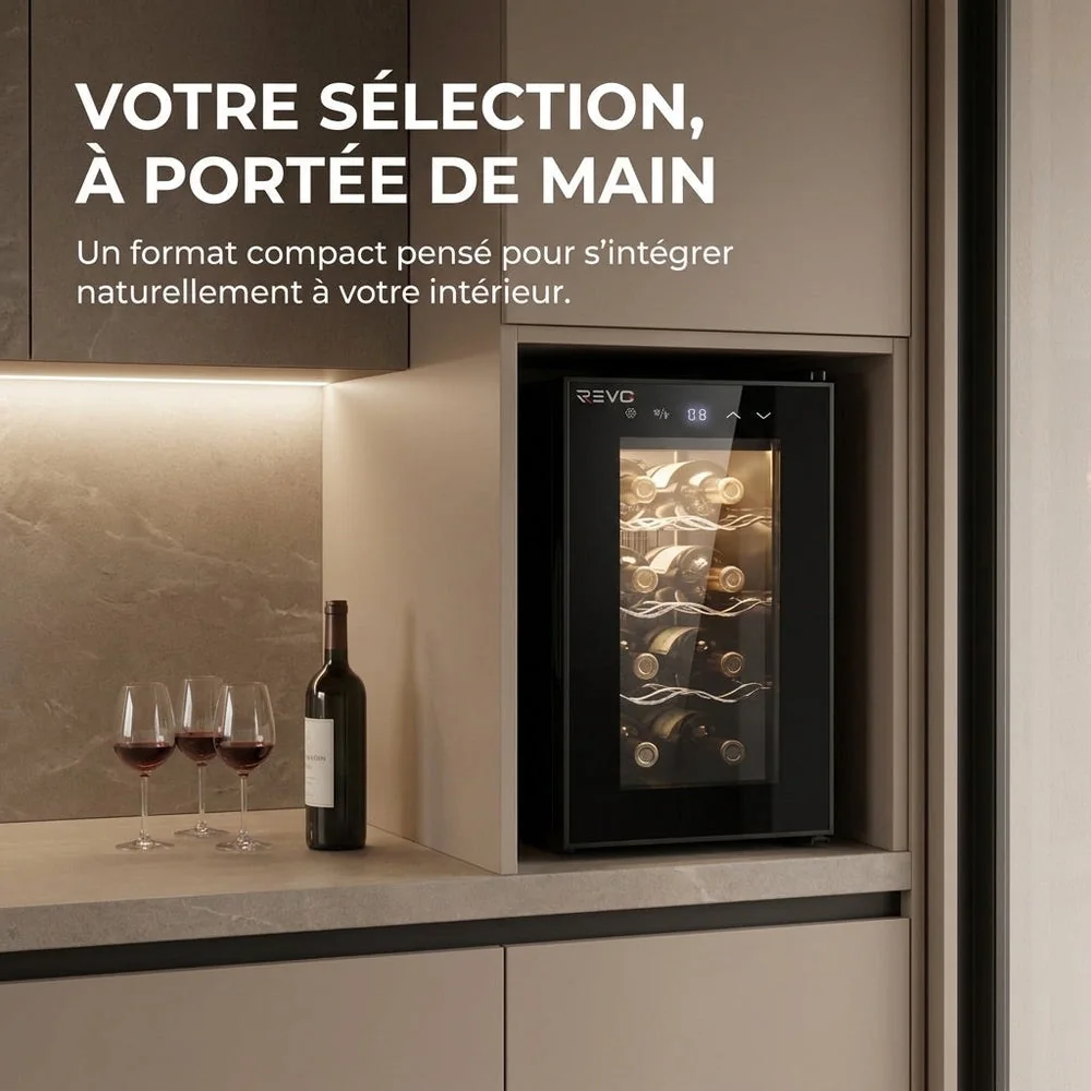 Cave à Vin REVO Origine – 8 Bouteilles – 21 L – Température Réglable 8 à 18 °C – Commande Tactile – 35 dB - 3