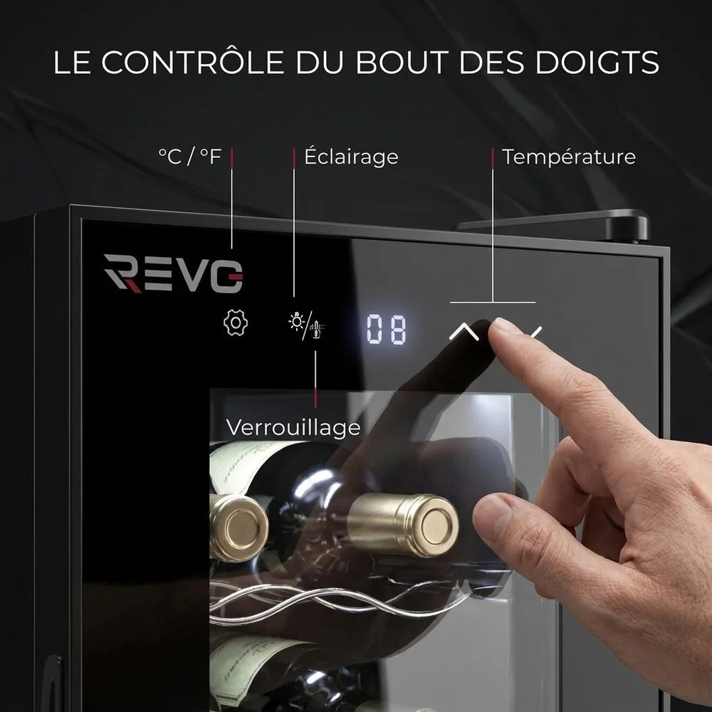 Cave à Vin REVO Origine – 8 Bouteilles – 21 L – Température Réglable 8 à 18 °C – Commande Tactile – 35 dB - 5