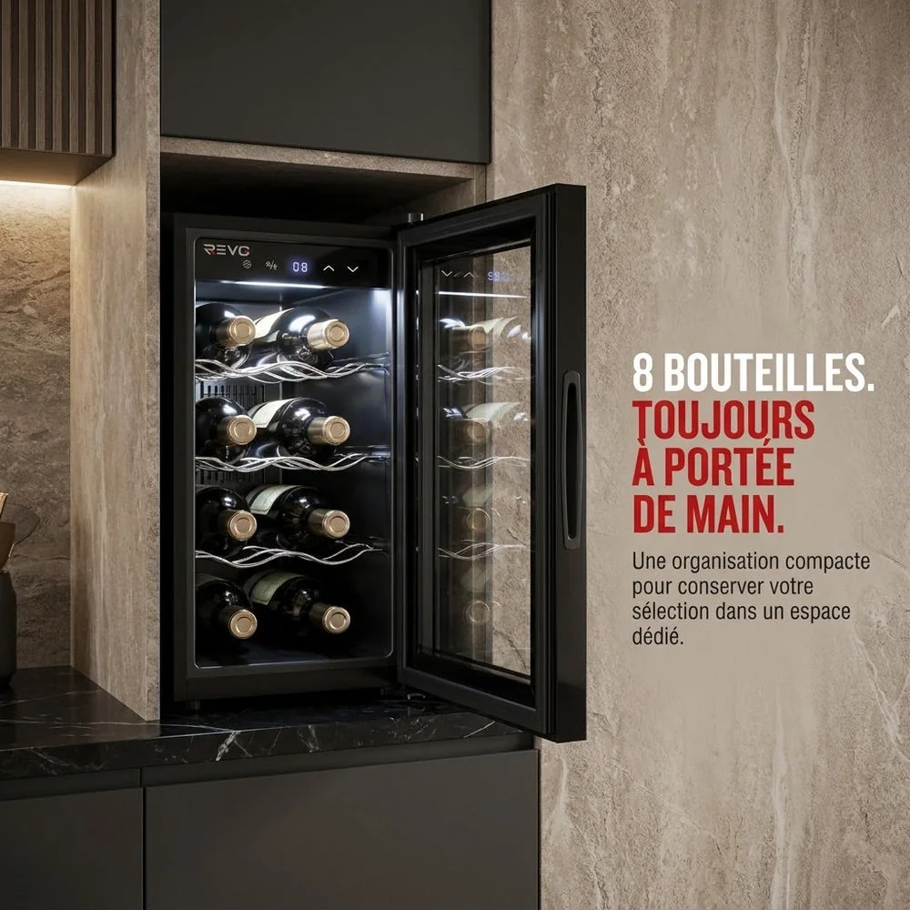 Cave à Vin REVO Origine – 8 Bouteilles – 21 L – Température Réglable 8 à 18 °C – Commande Tactile – 35 dB - 6