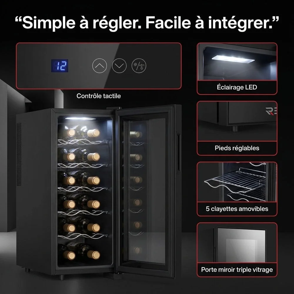 Cave à Vin REVO Vinea – 12 Bouteilles – Température 8 à 18 °C – Triple Vitrage – Ultra-Silencieuse < 26 dB - 5