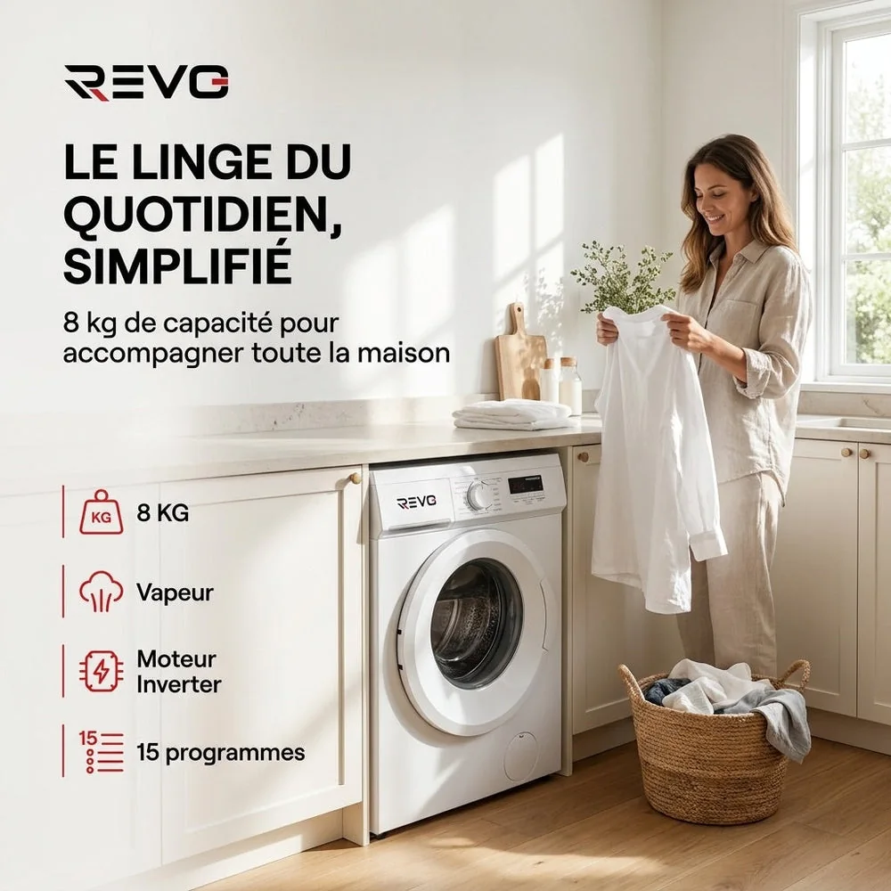 Lave-Linge Hublot REVO Élégance 8 – Machine à Laver 8 kg – Classe A – 1400 tr/min – 15 Programmes, Vapeur & Format Slim - 5