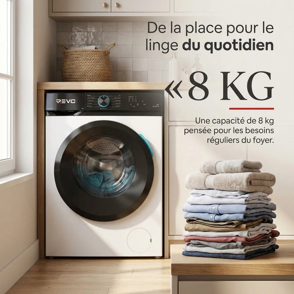 Lave-Linge Hublot REVO Pureva 8 – Machine à Laver 8 kg – Classe A – 1200 tr/min – 11 Programmes – Vapeur & Moteur Inverter - 3