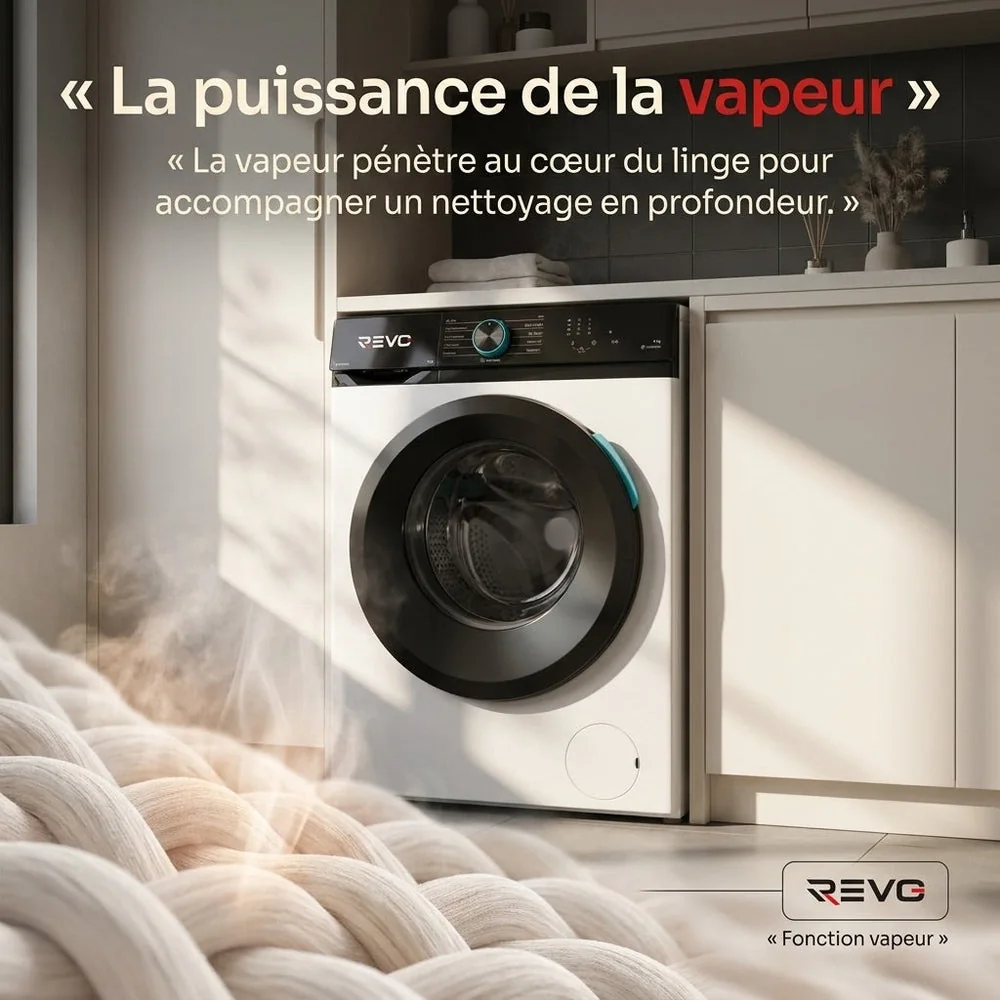 Lave-Linge Hublot REVO Pureva 8 – Machine à Laver 8 kg – Classe A – 1200 tr/min – 11 Programmes – Vapeur & Moteur Inverter - 4