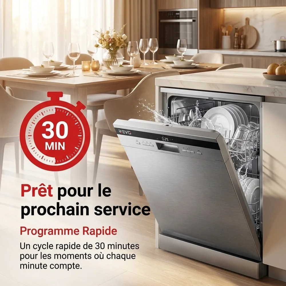 Lave-Vaisselle Pose Libre REVO Altis 14 – 14 Couverts – 44 dB – 8 Programmes – Ouverture Automatique – Inox - 3