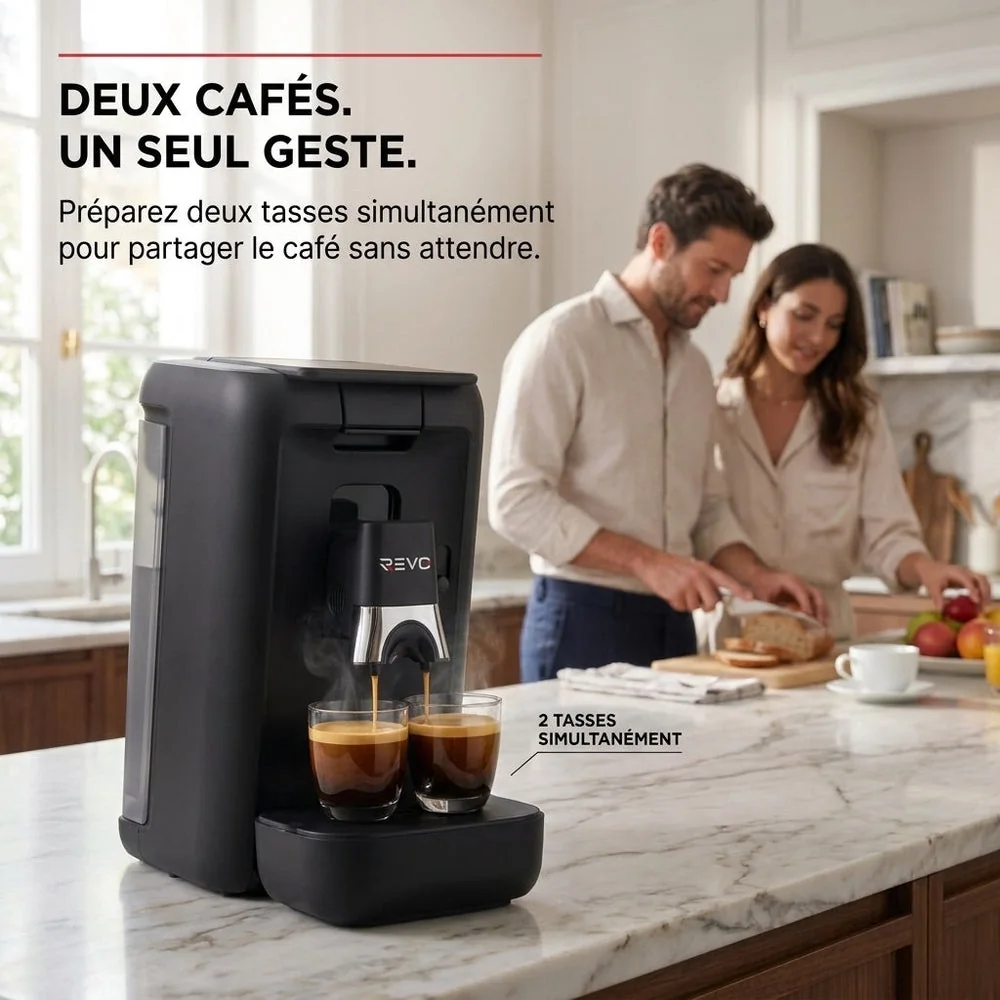 Machine à Café à Dosettes REVO Duoza – 1 450 W – 3 Styles de Café – 2 Tasses Simultanées – Réservoir 1,2 L - 4
