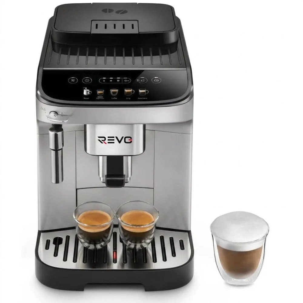 Machine à Café à Grains REVO Barista – Machine Expresso Automatique 1 450 W – 5 Boissons – Broyeur Intégré – Buse Vapeur – 1,8 L