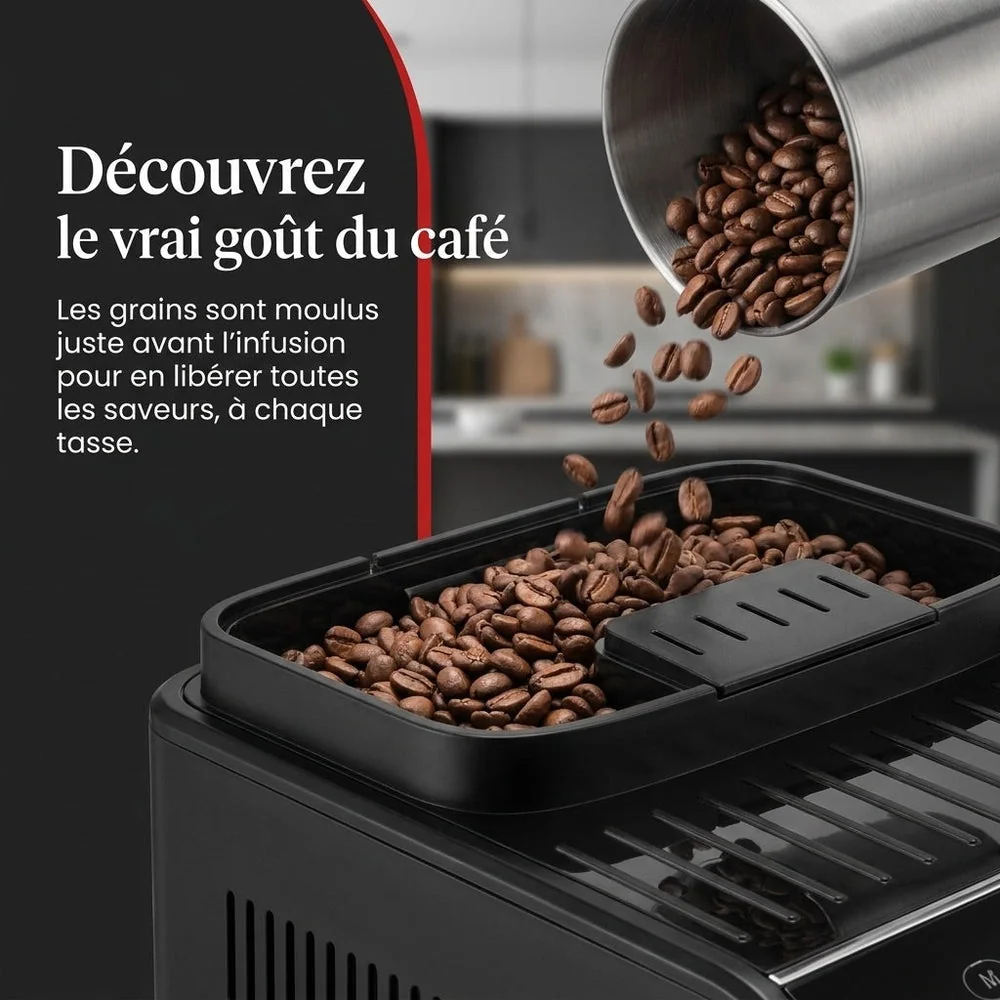 Machine à Café à Grains REVO Barista – Machine Expresso Automatique 1 450 W – 5 Boissons – Broyeur Intégré – Buse Vapeur – 1,8 L - 4