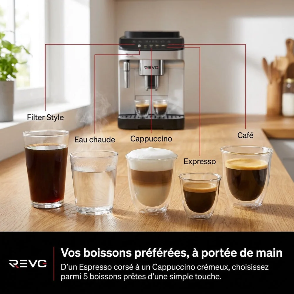 Machine à Café à Grains REVO Barista – Machine Expresso Automatique 1 450 W – 5 Boissons – Broyeur Intégré – Buse Vapeur – 1,8 L - 5