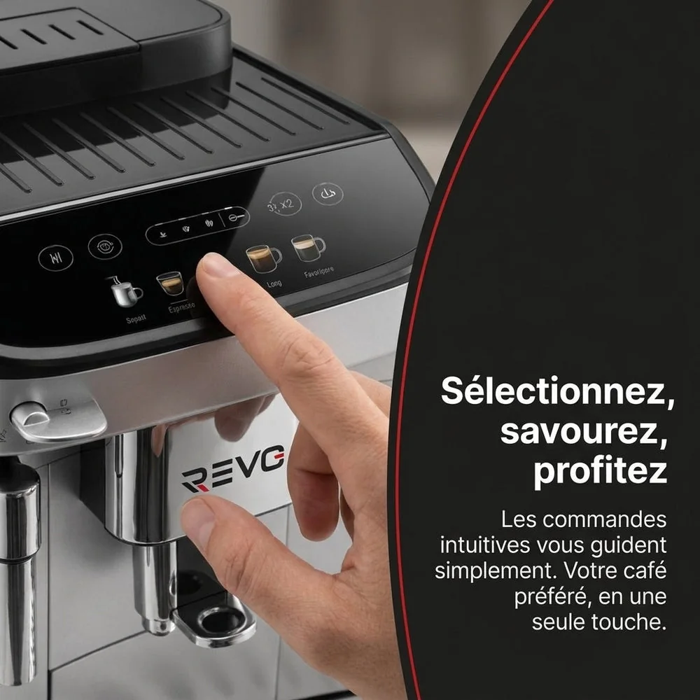 Machine à Café à Grains REVO Barista – Machine Expresso Automatique 1 450 W – 5 Boissons – Broyeur Intégré – Buse Vapeur – 1,8 L - 6