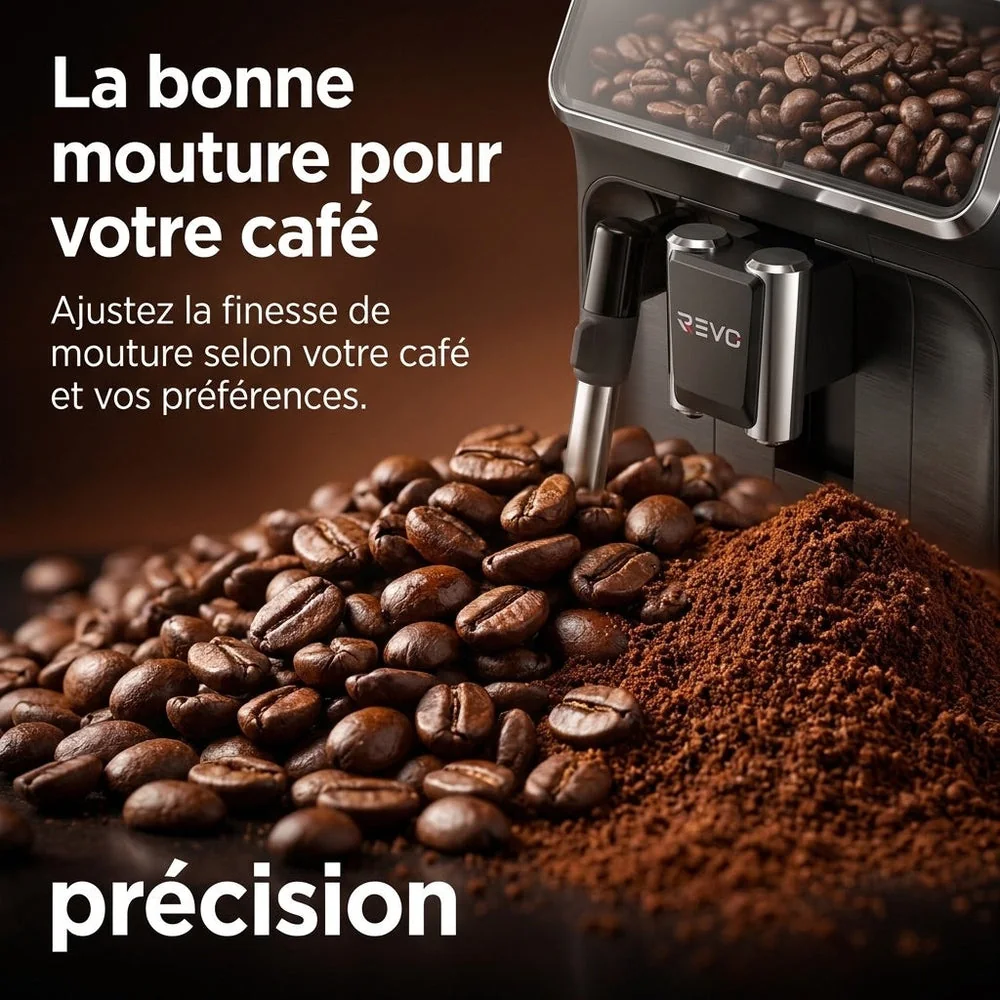Machine à Café à Grains REVO Crema – Expresso Broyeur Automatique 1 500 W – 2 Cafés – Écran Tactile – Mousseur à Lait – 1,8 L - 4