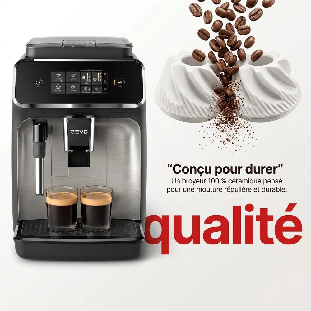 Machine à Café à Grains REVO Crema – Expresso Broyeur Automatique 1 500 W – 2 Cafés – Écran Tactile – Mousseur à Lait – 1,8 L - 6