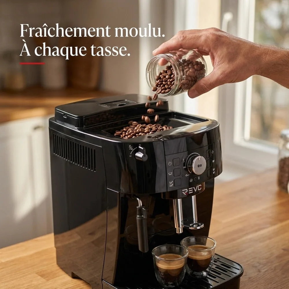 Machine à Café à Grains REVO Essenza – Expresso Broyeur Automatique 1 450 W – 2 Cafés – Buse Vapeur – Broyeur 13 Réglages - 3