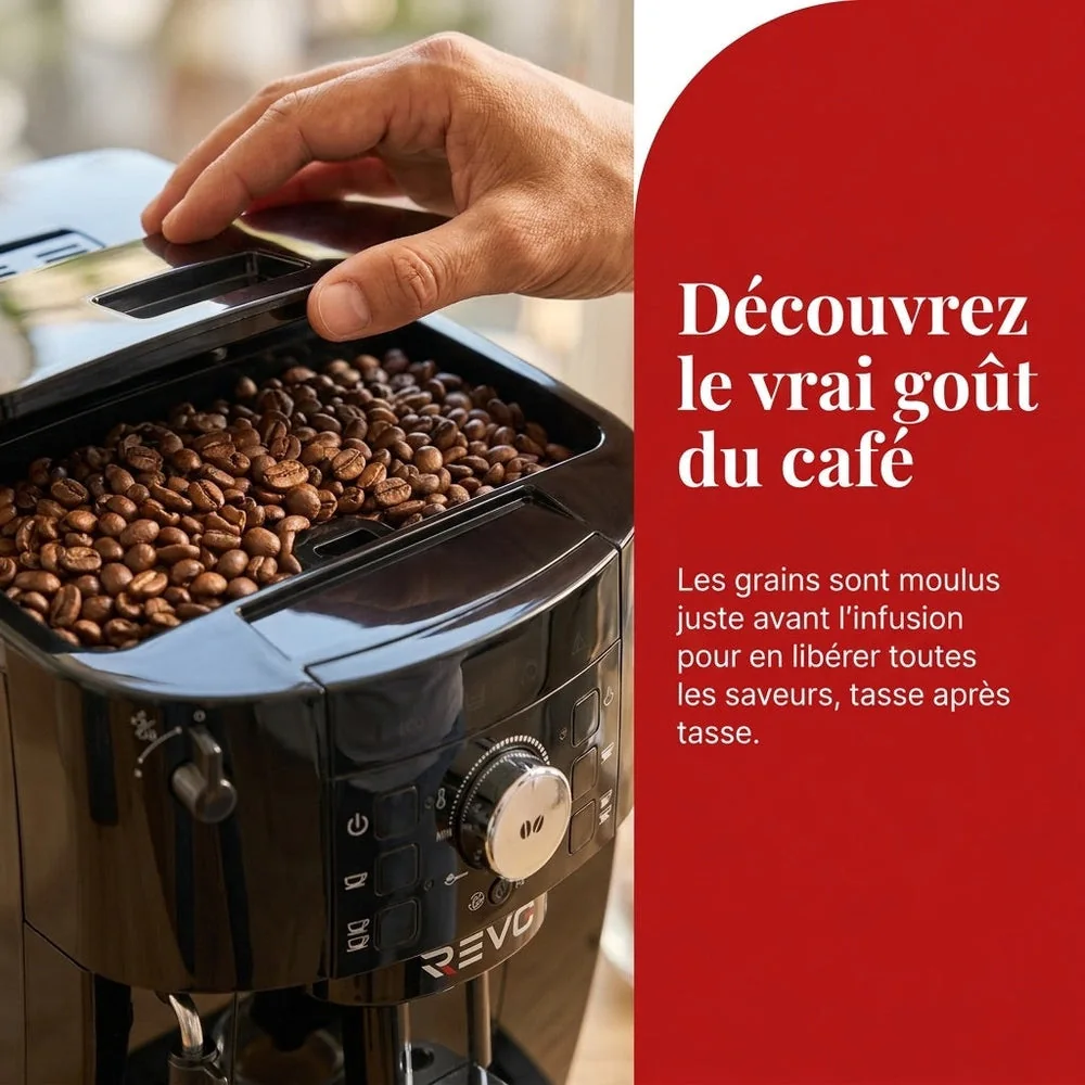 Machine à Café à Grains REVO Essenza – Expresso Broyeur Automatique 1 450 W – 2 Cafés – Buse Vapeur – Broyeur 13 Réglages - 4