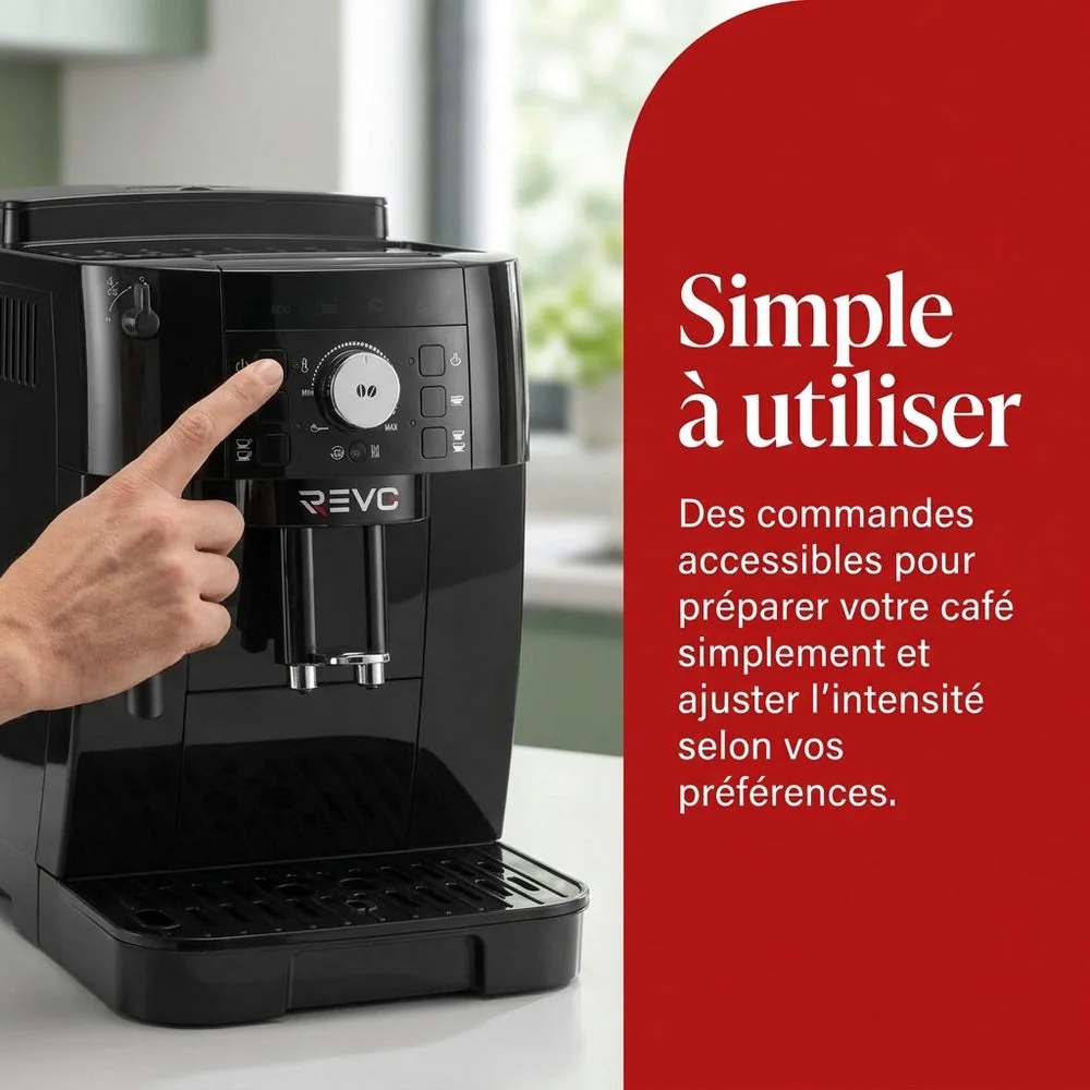 Machine à Café à Grains REVO Essenza – Expresso Broyeur Automatique 1 450 W – 2 Cafés – Buse Vapeur – Broyeur 13 Réglages - 6