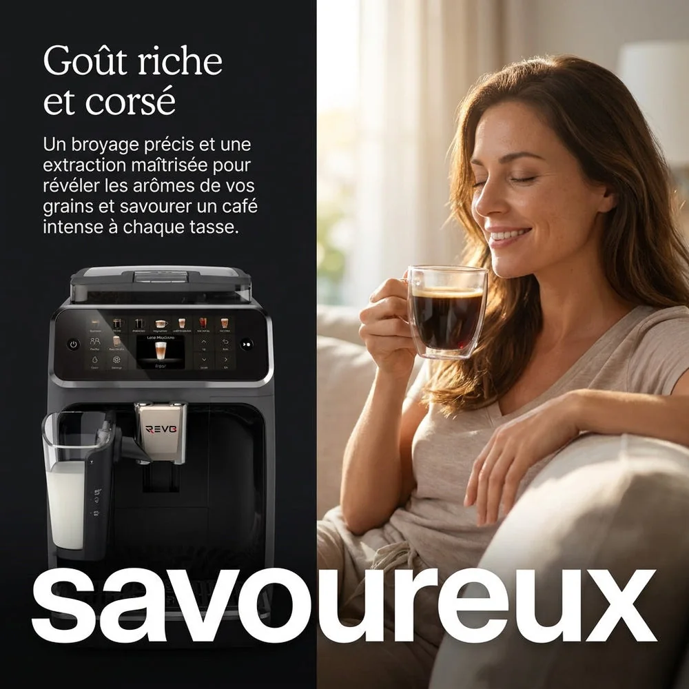 Machine à Café à Grains REVO Prestigio – Expresso Broyeur Automatique 1 500 W – 20 Boissons Chaudes & Glacées – Carafe à Lait – 4 Profils – 1,8 L - 3