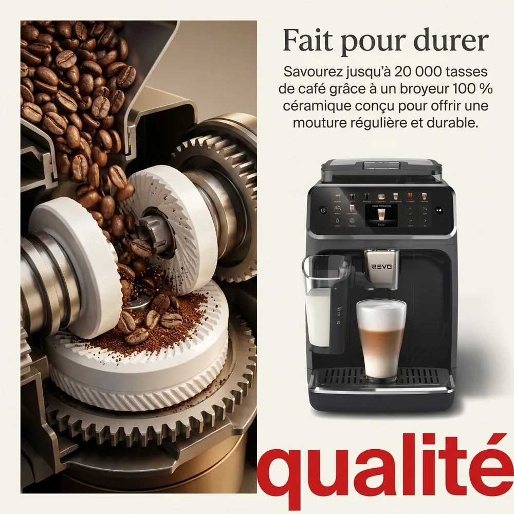 Machine à Café à Grains REVO Prestigio – Expresso Broyeur Automatique 1 500 W – 20 Boissons Chaudes & Glacées – Carafe à Lait – 4 Profils – 1,8 L - 4