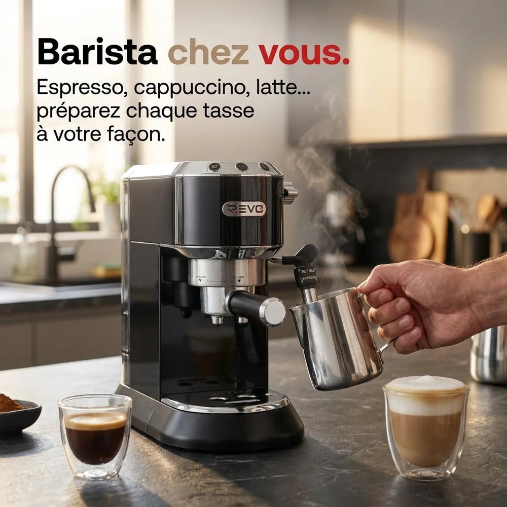 Machine à Expresso REVO Velora – 15 Bar – 1 350 W – Buse Vapeur – Café Moulu & Dosettes ESE – Réservoir 1 L - 3