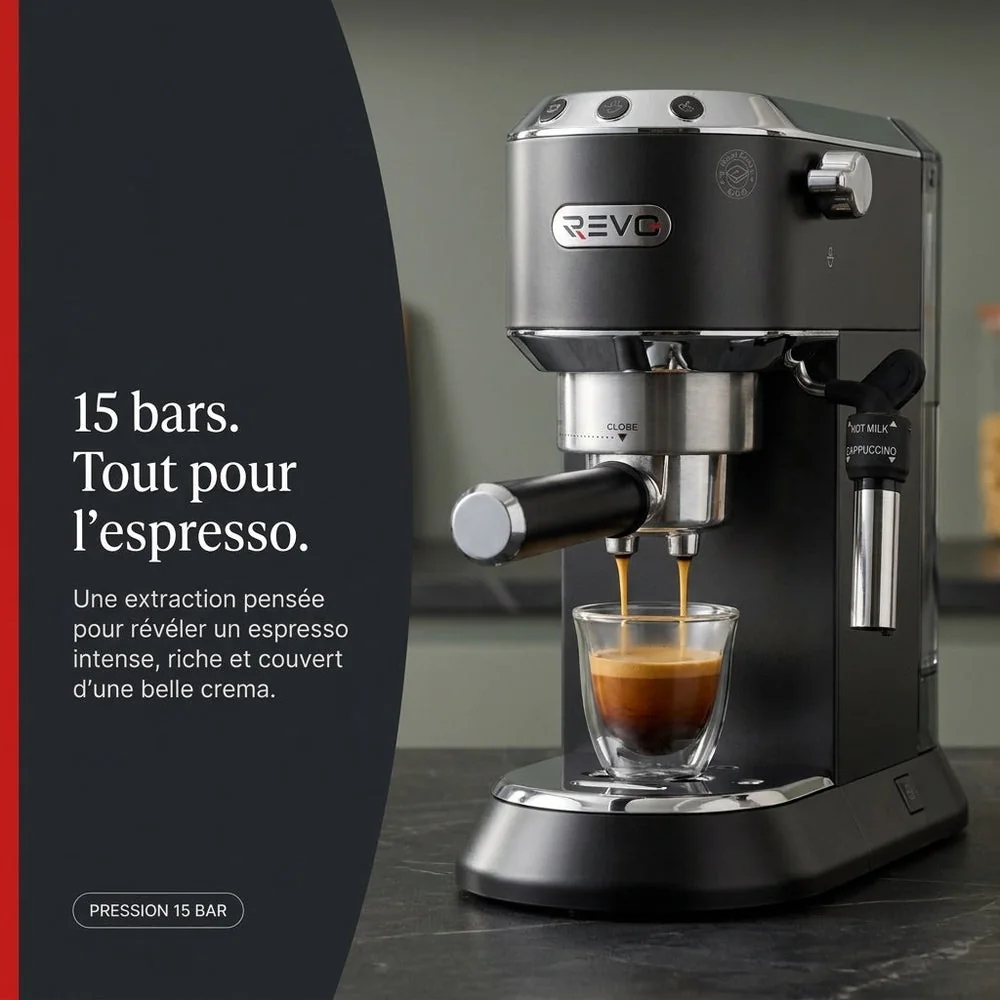 Machine à Expresso REVO Velora – 15 Bar – 1 350 W – Buse Vapeur – Café Moulu & Dosettes ESE – Réservoir 1 L - 4