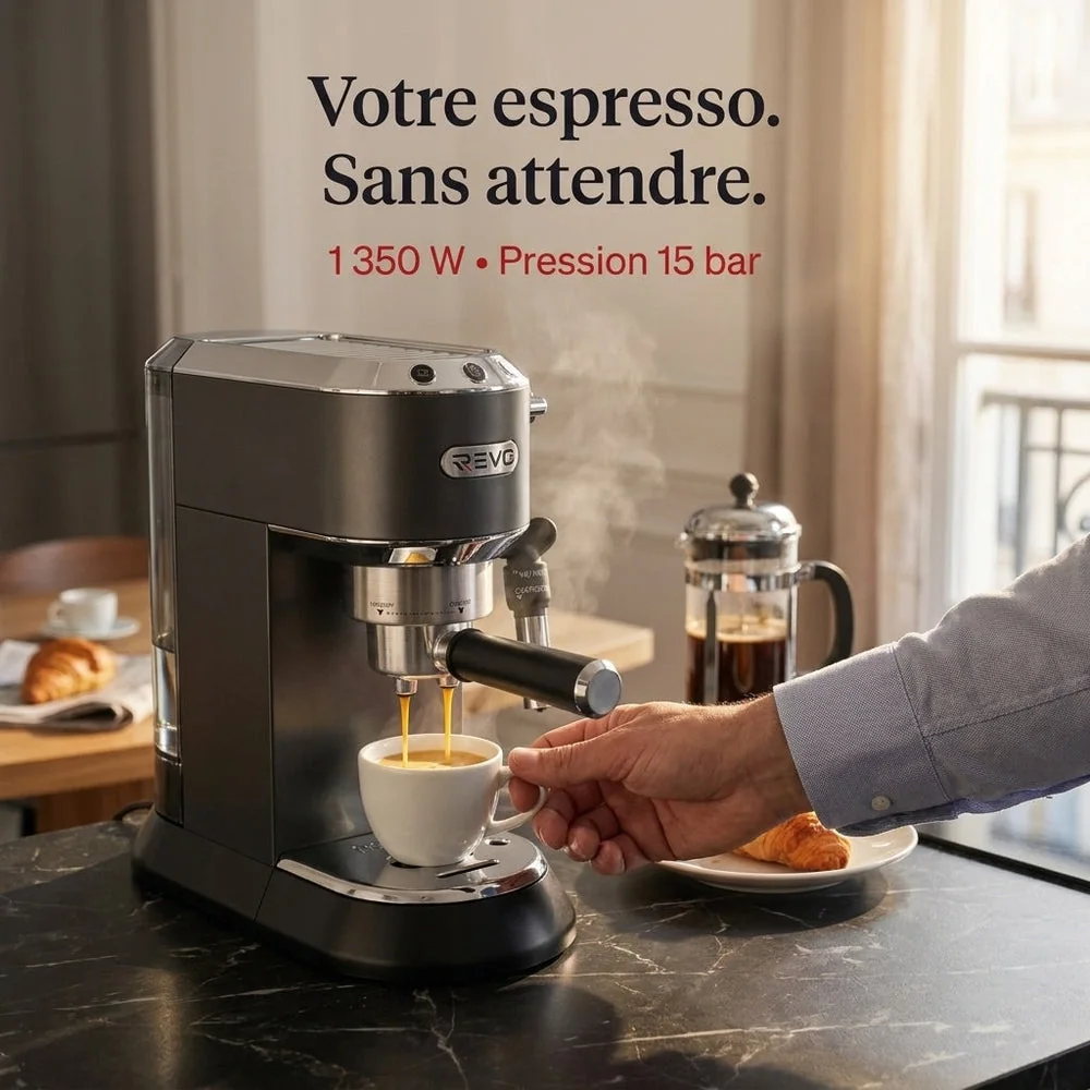 Machine à Expresso REVO Velora – 15 Bar – 1 350 W – Buse Vapeur – Café Moulu & Dosettes ESE – Réservoir 1 L - 5