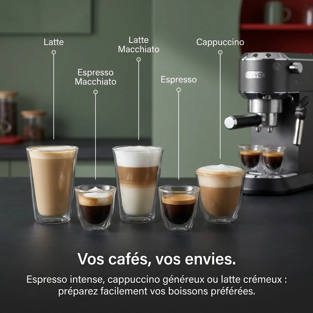 Machine à Expresso REVO Velora – 15 Bar – 1 350 W – Buse Vapeur – Café Moulu & Dosettes ESE – Réservoir 1 L - 6