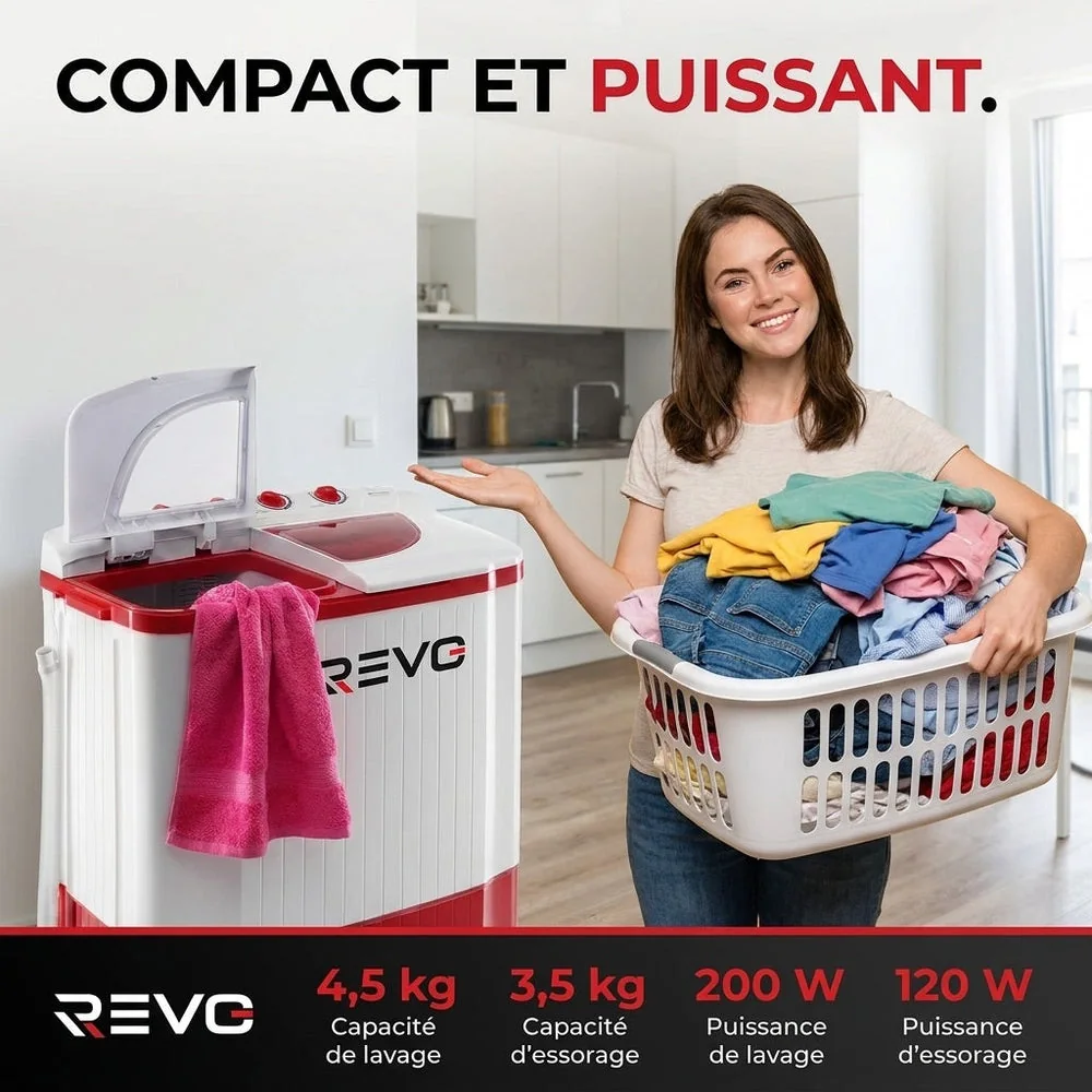Mini Lave-Linge REVO Nomad 4.5 – Machine à Laver Portable 4,5 kg – Essorage 3,5 kg – 2 Compartiments – 1320 tr/min - 5