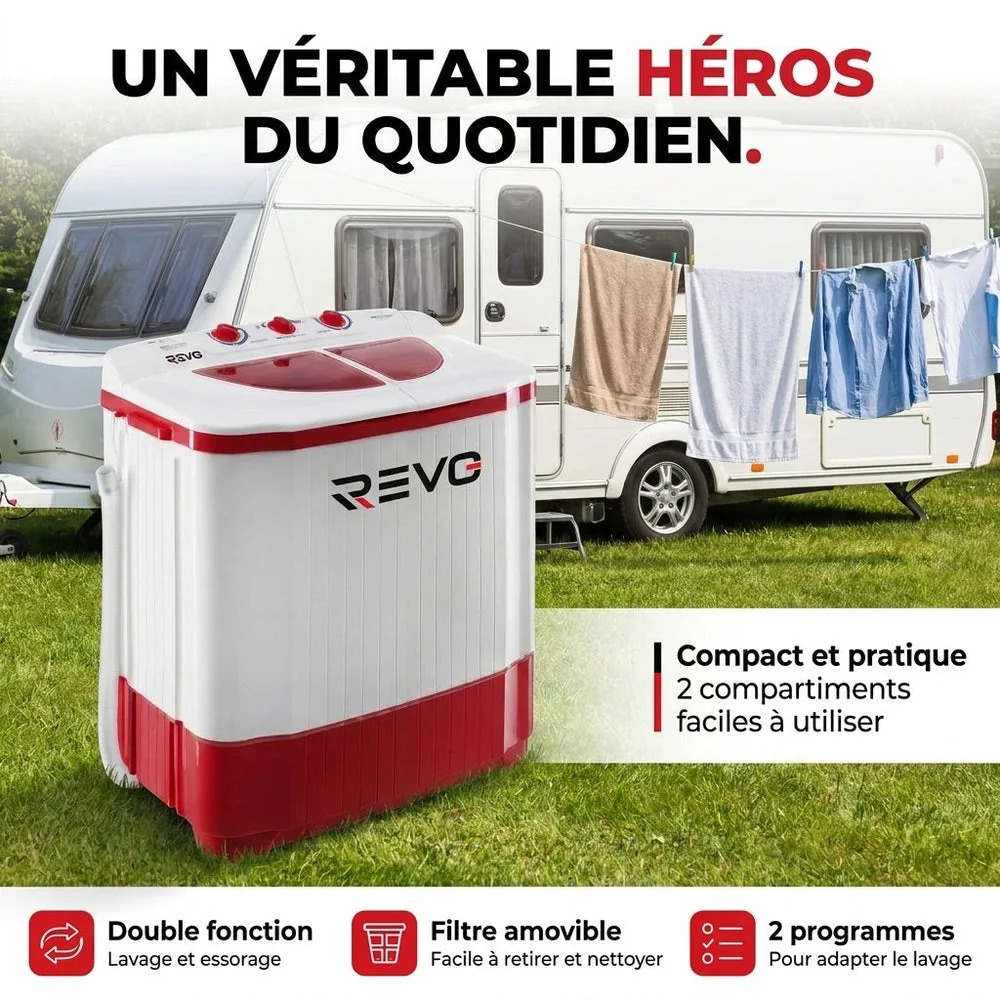 Mini Lave-Linge REVO Nomad 4.5 – Machine à Laver Portable 4,5 kg – Essorage 3,5 kg – 2 Compartiments – 1320 tr/min - 6