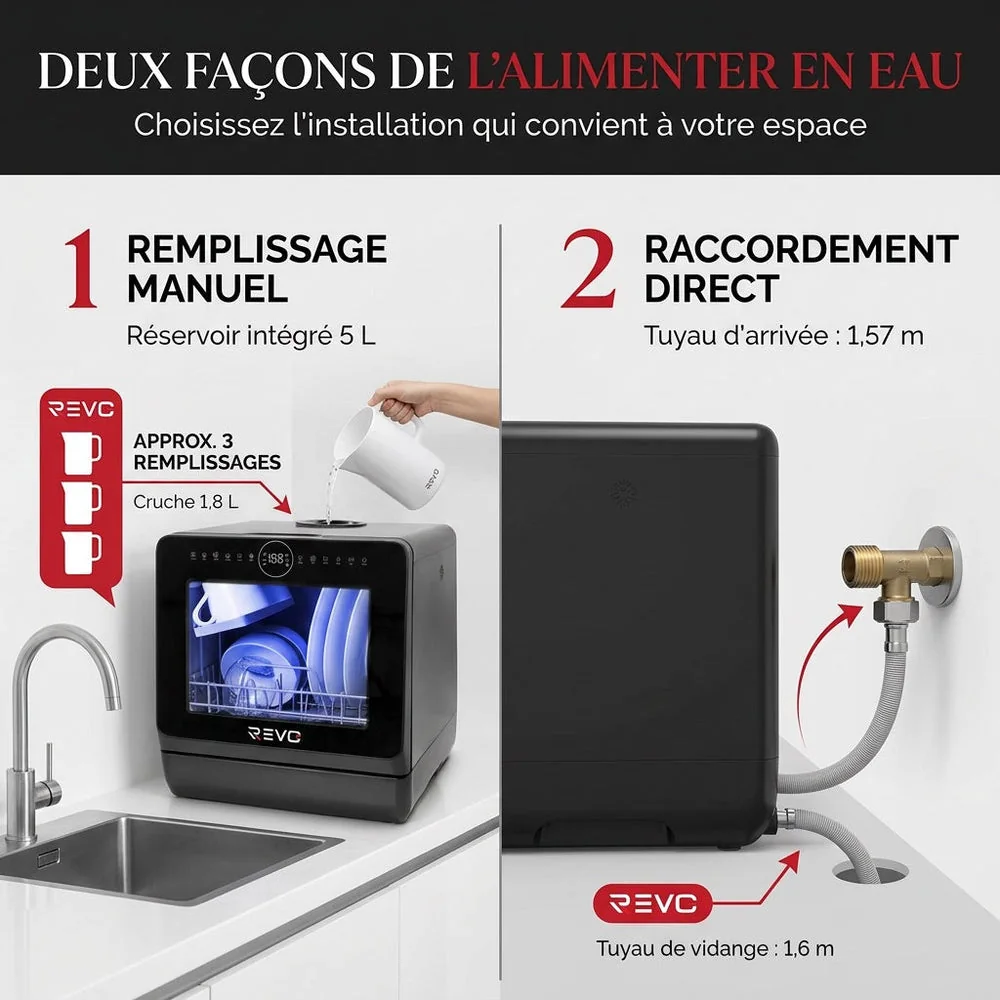 Mini Lave-Vaisselle REVO Miniova – Lave-Vaisselle de Comptoir Compact – Réservoir 5 L – Cycle Rapide 29 min – Séchage – 52,3 dB – Noir - 3