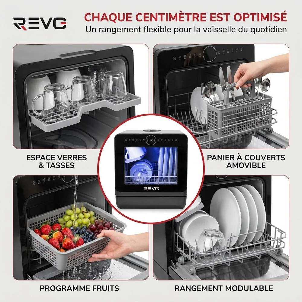 Mini Lave-Vaisselle REVO Miniova – Lave-Vaisselle de Comptoir Compact – Réservoir 5 L – Cycle Rapide 29 min – Séchage – 52,3 dB – Noir - 4