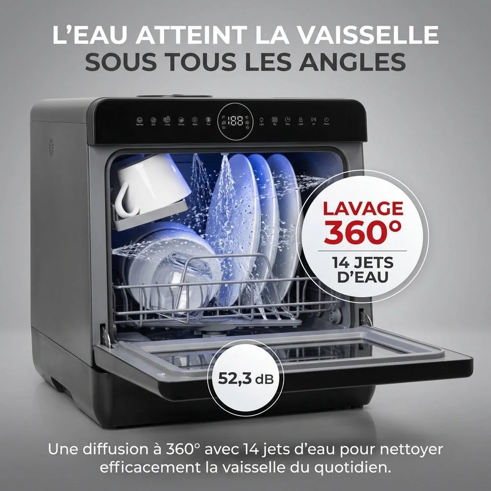 Mini Lave-Vaisselle REVO Miniova – Lave-Vaisselle de Comptoir Compact – Réservoir 5 L – Cycle Rapide 29 min – Séchage – 52,3 dB – Noir - 6