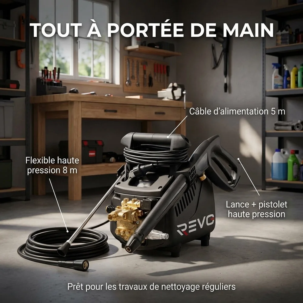 Nettoyeur Haute Pression REVO Atlas 130 – 2 200 W – 130 Bar – 450 L/h – Pompe Laiton – Flexible 8 m - 3
