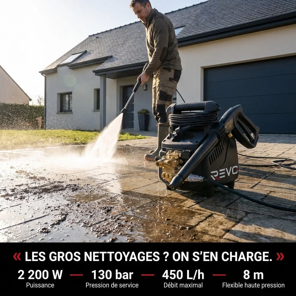 Nettoyeur Haute Pression REVO Atlas 130 – 2 200 W – 130 Bar – 450 L/h – Pompe Laiton – Flexible 8 m - 4