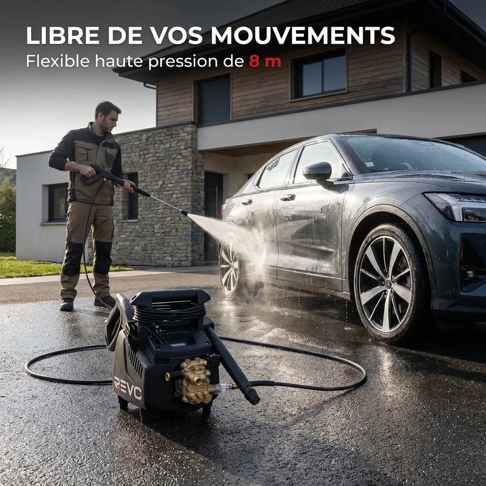 Nettoyeur Haute Pression REVO Atlas 130 – 2 200 W – 130 Bar – 450 L/h – Pompe Laiton – Flexible 8 m - 5