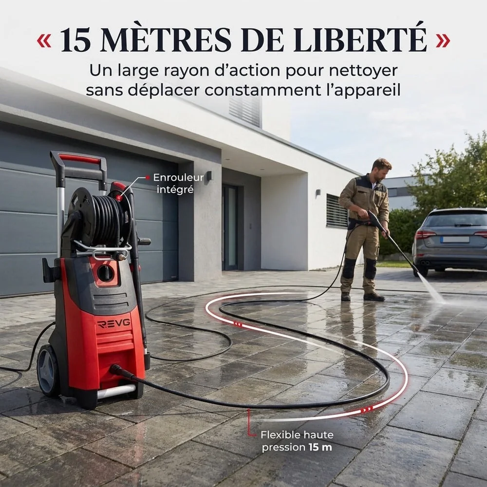 Nettoyeur Haute Pression REVO Forge 200 – 3 300 W – 200 Bar – 650 L/h – Flexible 15 m avec Enrouleur - 3