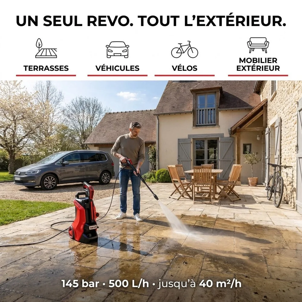 Nettoyeur Haute Pression REVO Vortex 145 – 145 Bar – 500 L/h – 40 m²/h – Flexible 10 m & Contrôle de Pression - 4