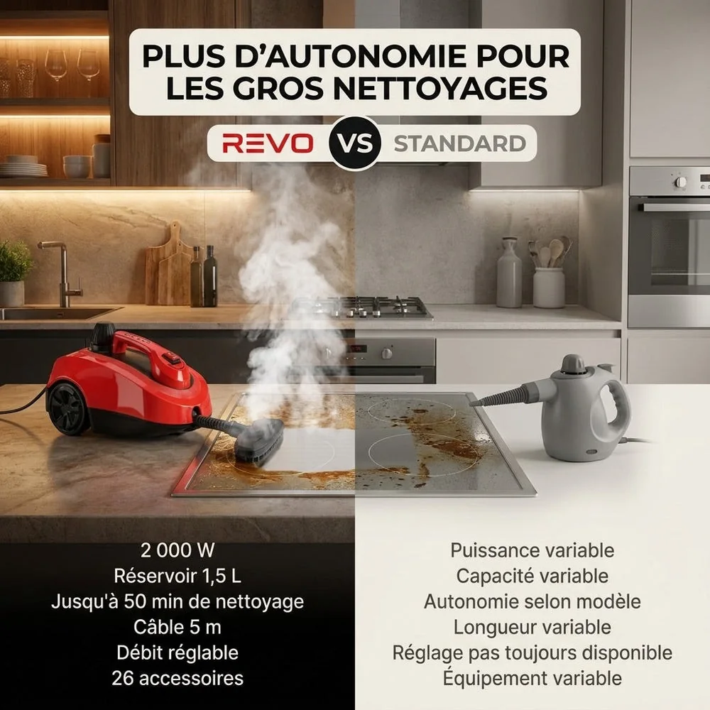 Nettoyeur Vapeur REVO Vaporis 2000 – 2 000 W – Vapeur jusqu’à 160 °C – 26 Accessoires – Débit Réglable – Câble 5 m - 4