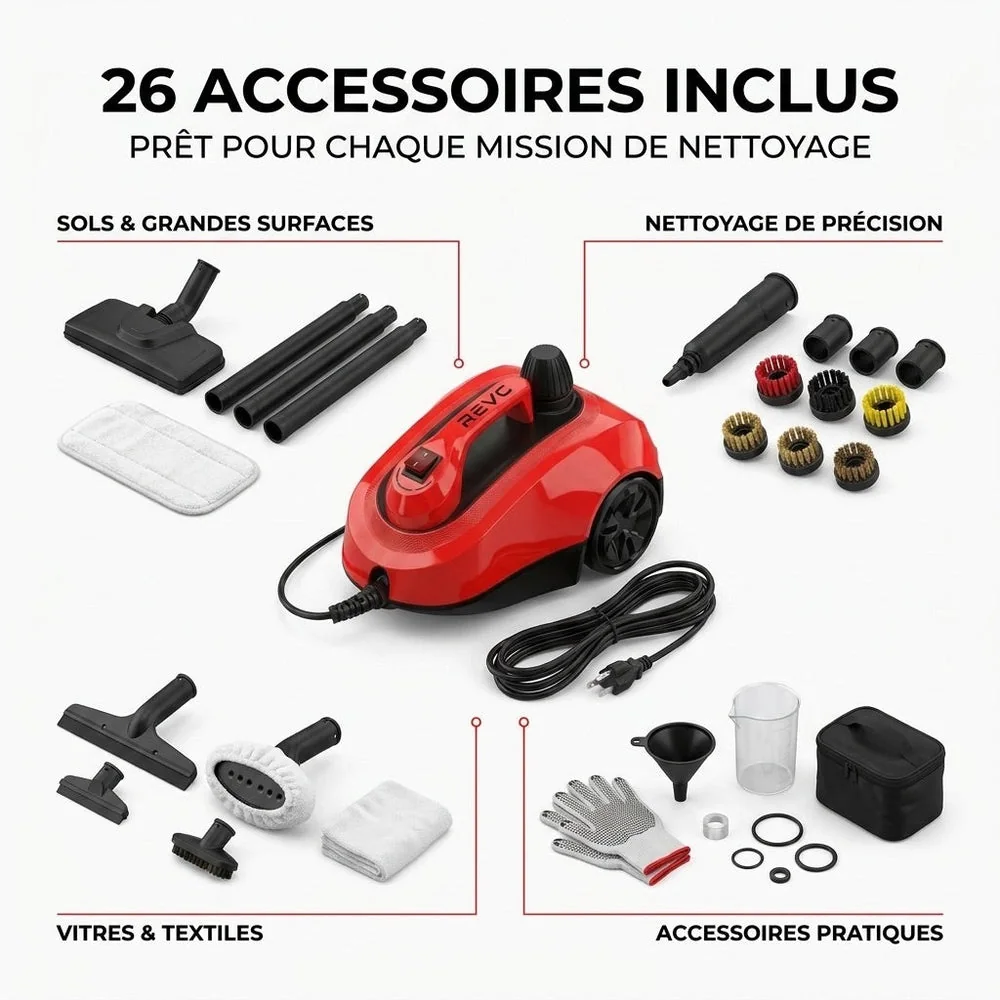 Nettoyeur Vapeur REVO Vaporis 2000 – 2 000 W – Vapeur jusqu’à 160 °C – 26 Accessoires – Débit Réglable – Câble 5 m - 6
