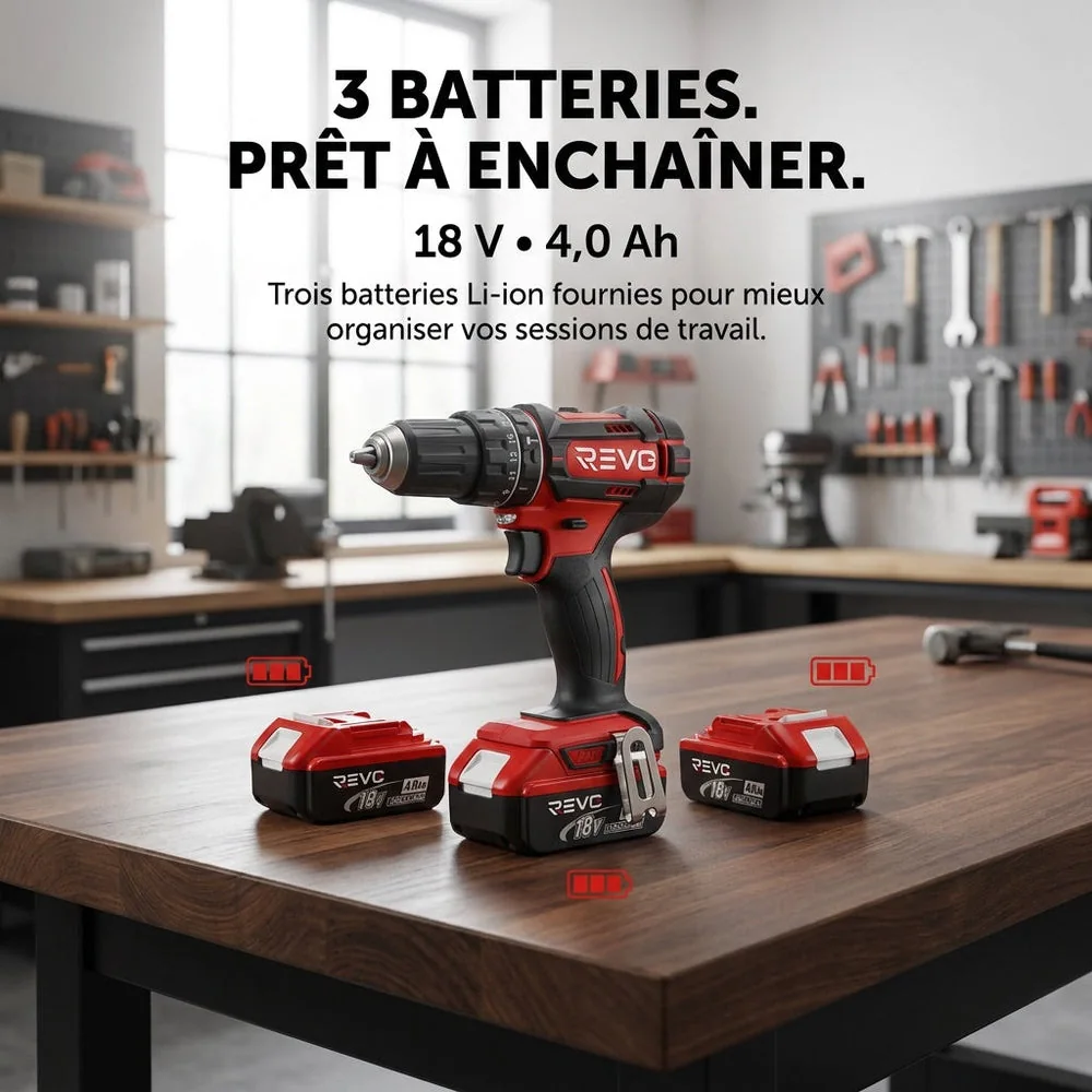 Perceuse à Percussion Sans Fil REVO Torq 62 – 18 V – 62 Nm – 3 Batteries 4,0 Ah – 2 Vitesses - 3