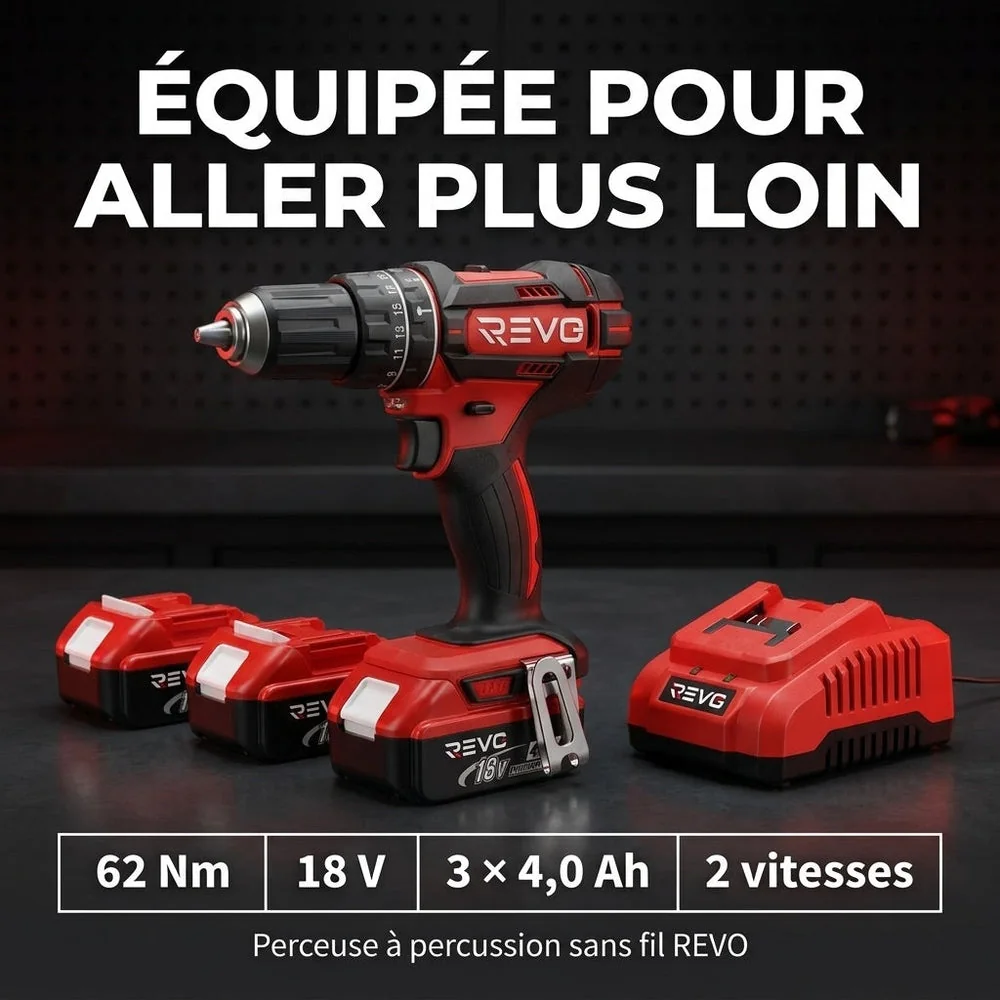 Perceuse à Percussion Sans Fil REVO Torq 62 – 18 V – 62 Nm – 3 Batteries 4,0 Ah – 2 Vitesses - 5