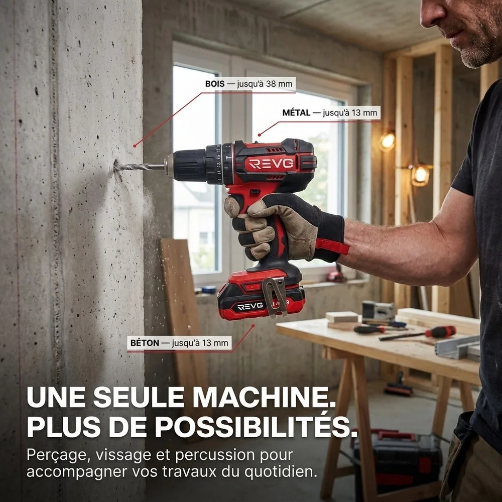 Perceuse à Percussion Sans Fil REVO Torq 62 – 18 V – 62 Nm – 3 Batteries 4,0 Ah – 2 Vitesses - 6
