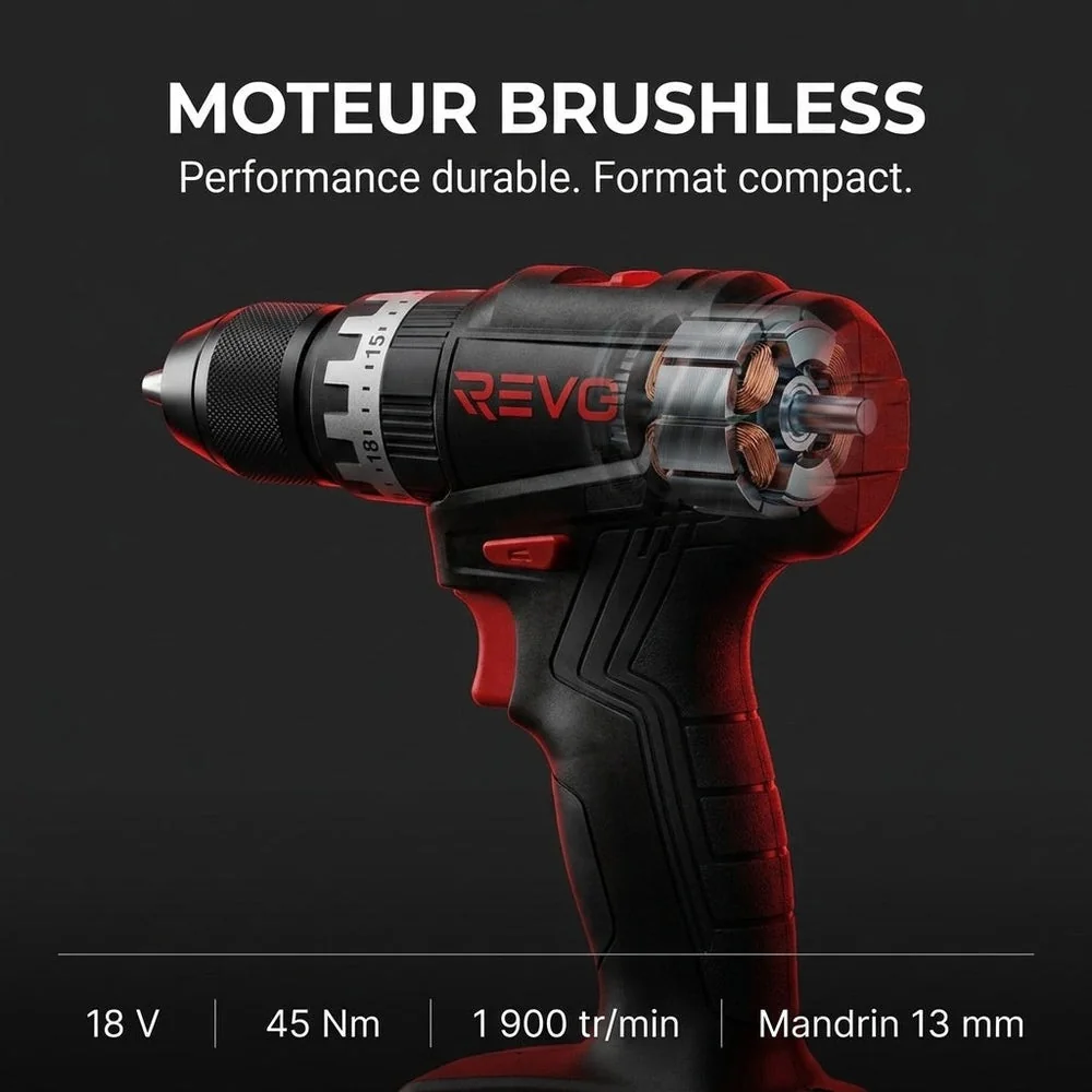 Perceuse-Visseuse à Percussion Sans Fil REVO Core 45 – 18 V – 45 Nm – Brushless – 2 Batteries 3,0 Ah – Mandrin 13 mm – Coffret Inclus - 5