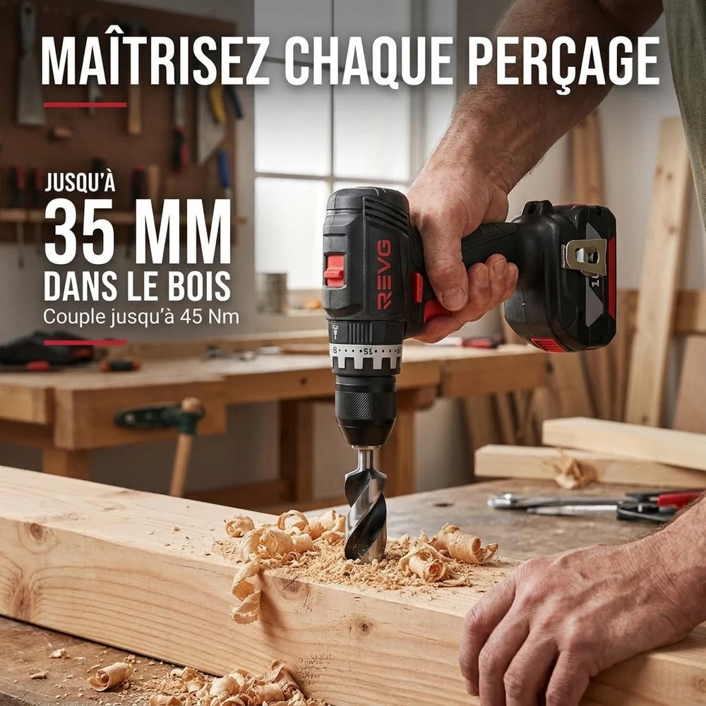 Perceuse-Visseuse à Percussion Sans Fil REVO Core 45 – 18 V – 45 Nm – Brushless – 2 Batteries 3,0 Ah – Mandrin 13 mm – Coffret Inclus - 6