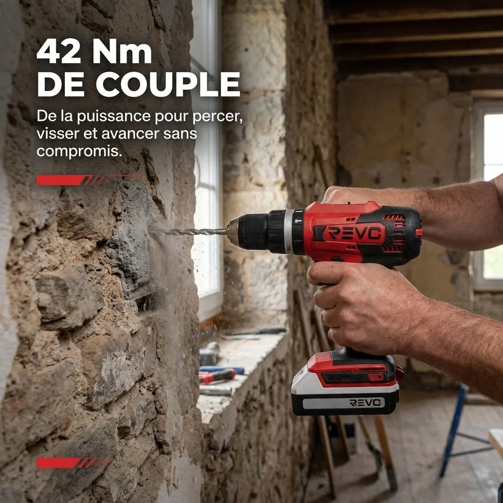 Perceuse Visseuse à Percussion Sans Fil REVO Forge 42 – 18 V – 42 Nm – 2 Batteries 2 Ah – 74 Accessoires – Mandrin 13 mm - 3