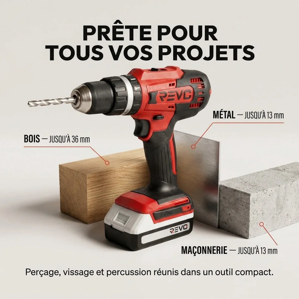 Perceuse Visseuse à Percussion Sans Fil REVO Forge 42 – 18 V – 42 Nm – 2 Batteries 2 Ah – 74 Accessoires – Mandrin 13 mm - 4