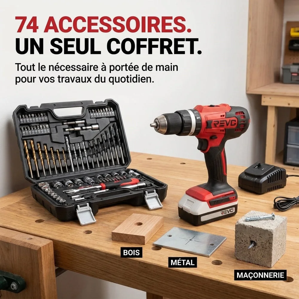 Perceuse Visseuse à Percussion Sans Fil REVO Forge 42 – 18 V – 42 Nm – 2 Batteries 2 Ah – 74 Accessoires – Mandrin 13 mm - 5