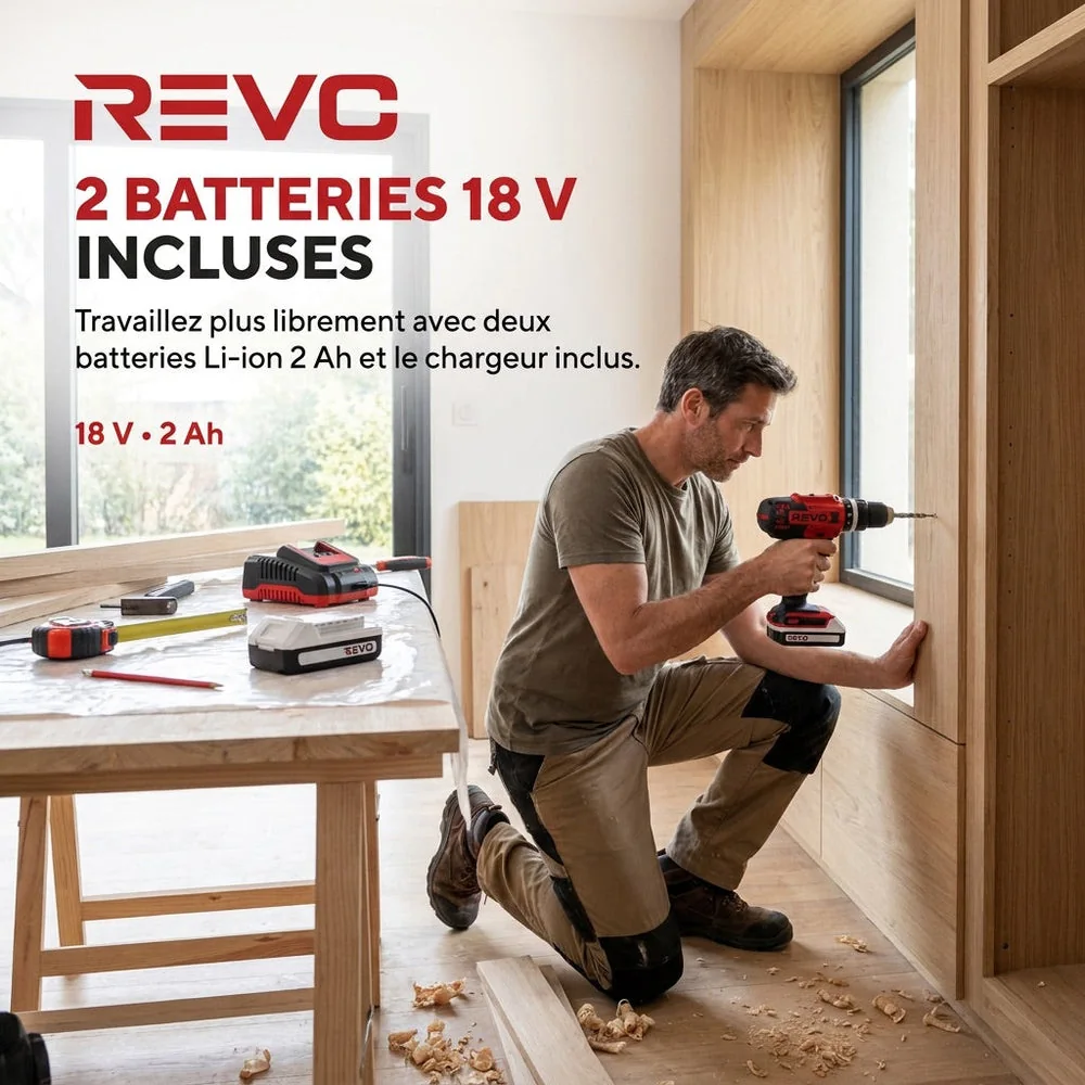 Perceuse Visseuse à Percussion Sans Fil REVO Forge 42 – 18 V – 42 Nm – 2 Batteries 2 Ah – 74 Accessoires – Mandrin 13 mm - 6